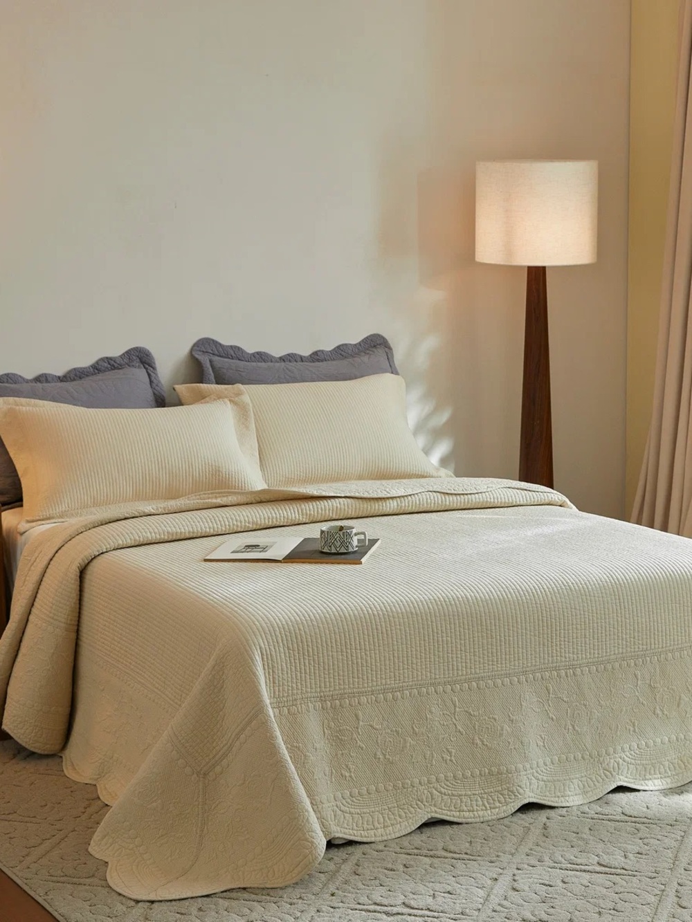 Cream Quilted Bedspread Set with Matching Pillow Shams
